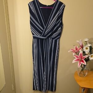 R&K Elegant Navy & White Striped Romper Jumpsuit Pants Suit